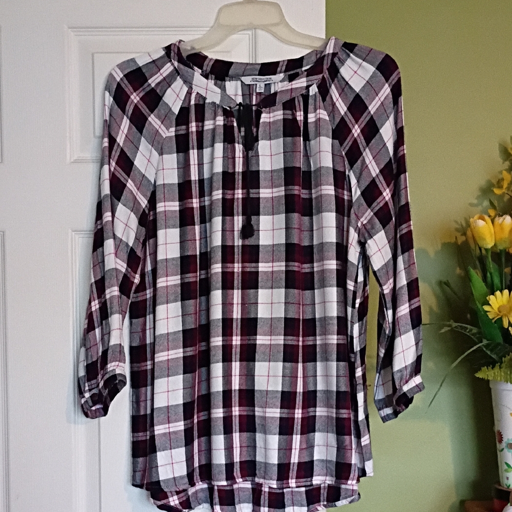 New Directions Plaid 3/4 Sleeve Relaxed Blouse